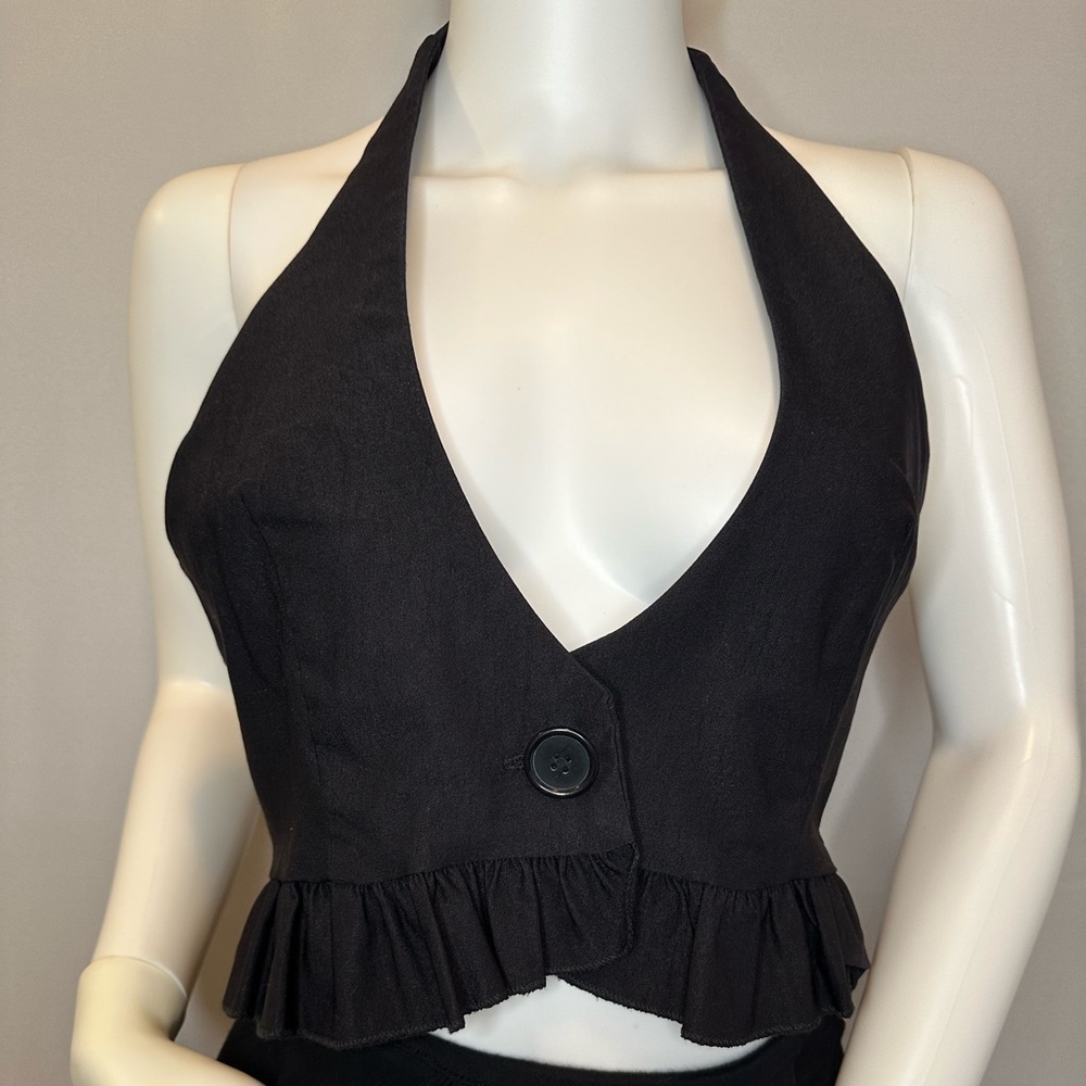 Dots Womens Halter Top Tie Back Neck Sleeveless Backless Cropped Ruffle Button L